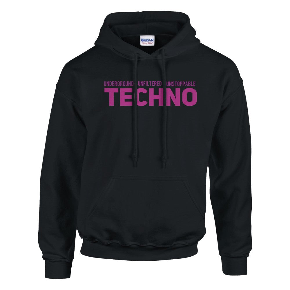 underground unfiltered unstoppable in big bold pink font - unisex techno rave stomp hoodie - black
