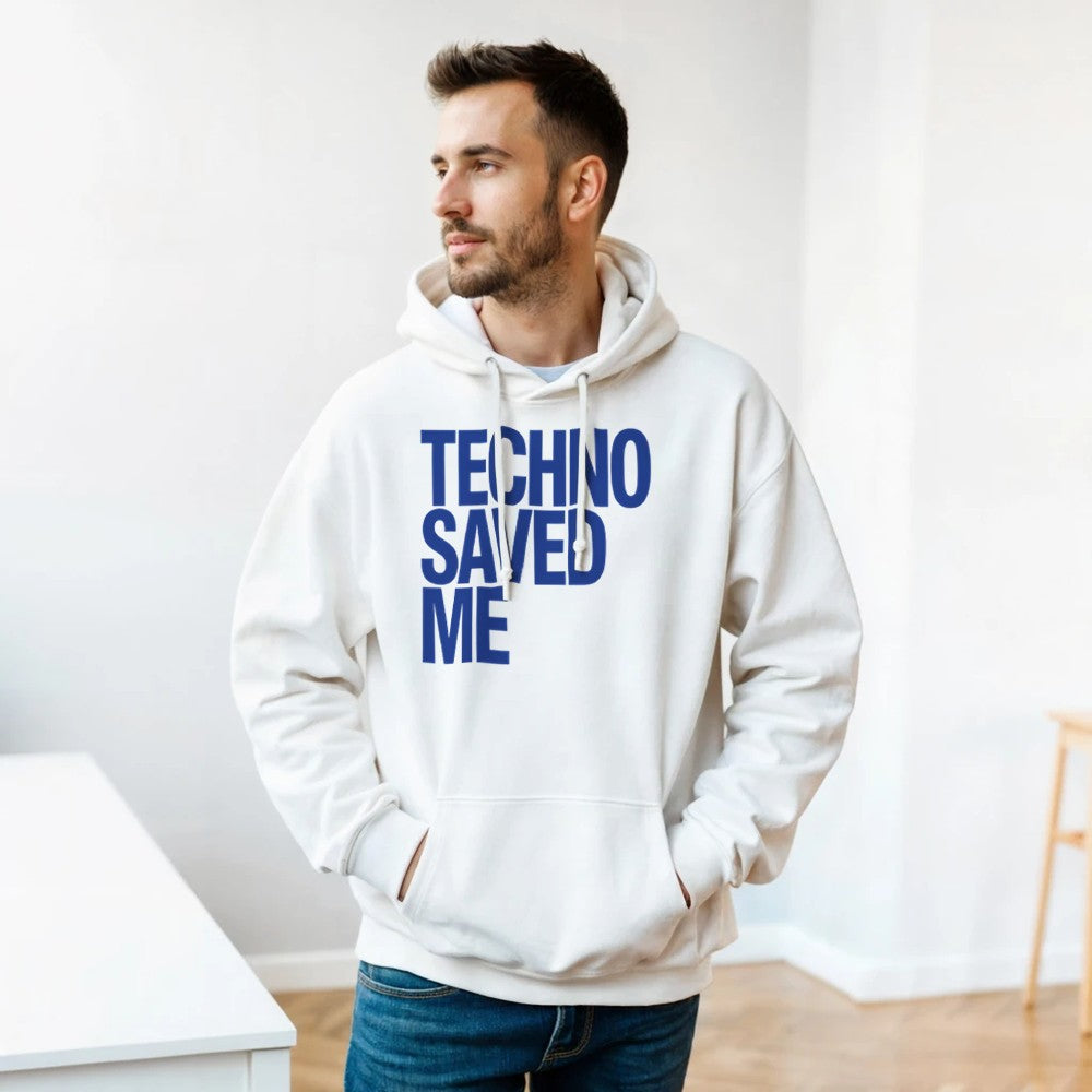 Techno Saved Me in big Blue bold font - unisex rave hoodie - white
