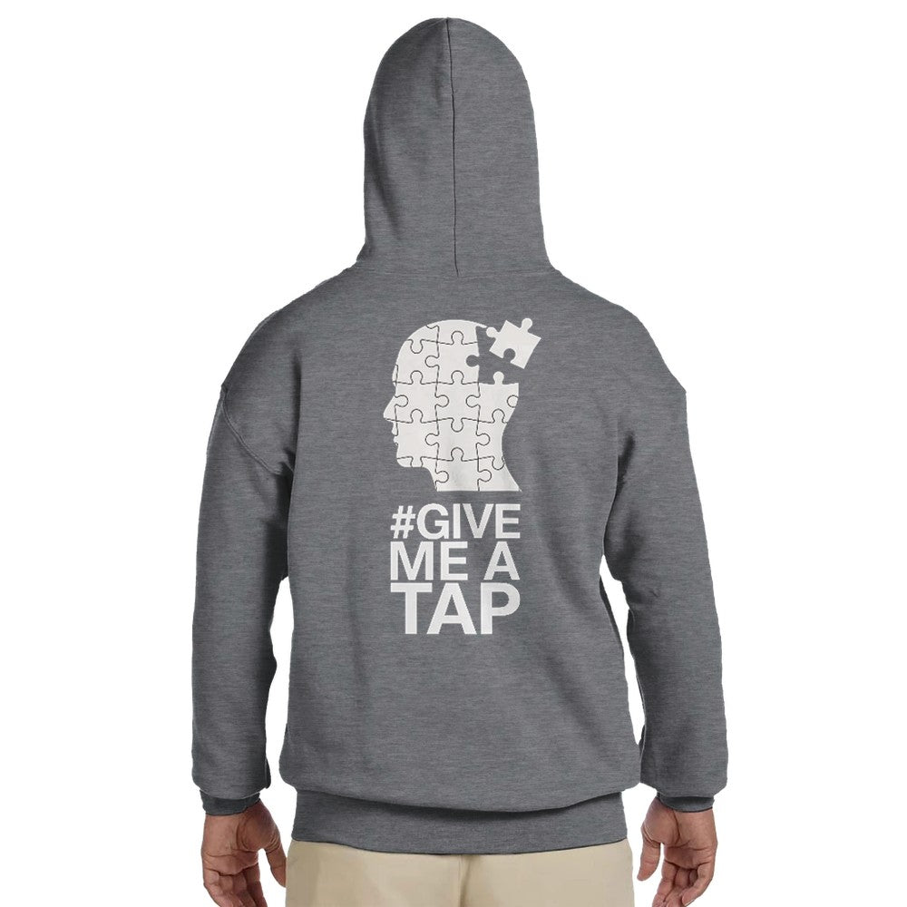 Unisex Grey Hoodie for Adults – Music Festival Streetwear Rave Clothing – Techno, EDM, DJ Shirt -  an image og a head made of puzzle pieces and the #give me a tap print