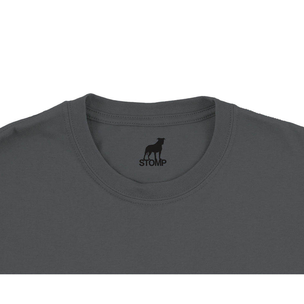 Gray t-shirt with 'STOMP' logo on a white background