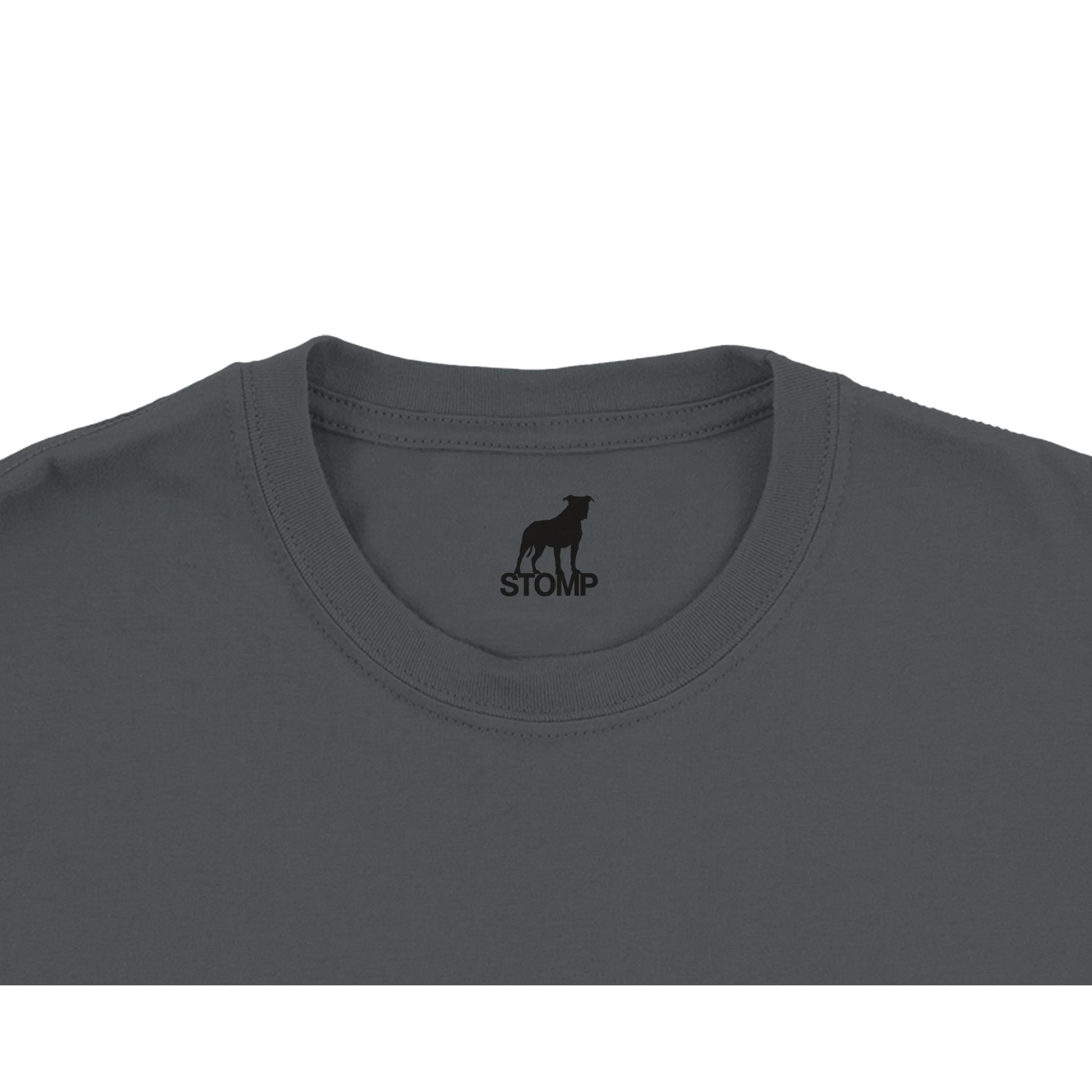 Gray t-shirt with 'STOMP' logo on a white background