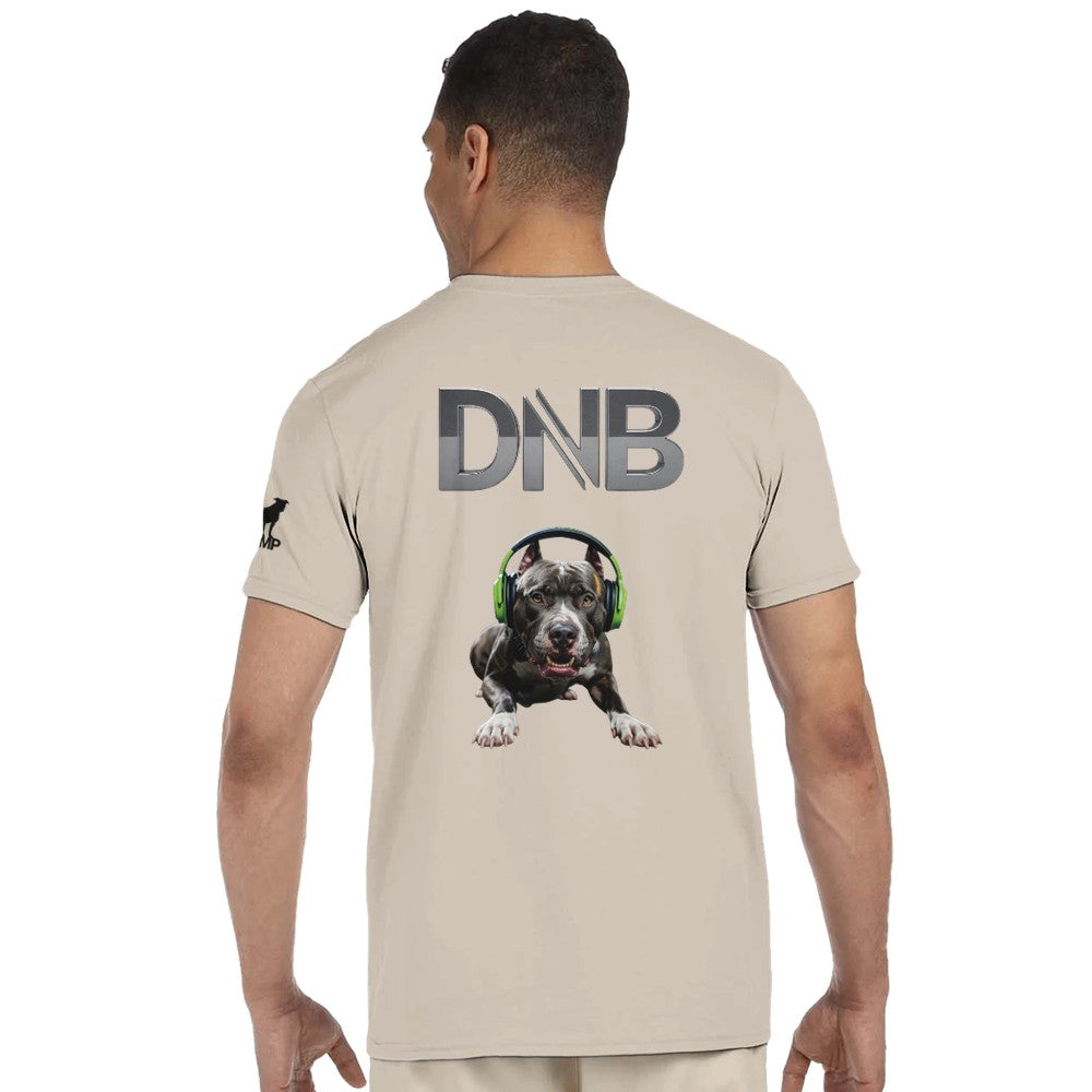 Unisex Beige tshirt for Adults – Music Festival Streetwear Rave Clothing – Techno, EDM, DJ Shirt - A dog wearing headphones listening to Drum and Bass music on the back