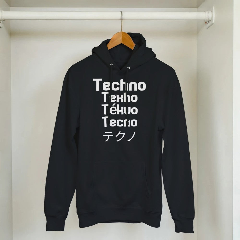 techno in different languages in a big bold white lettering - unisex rave hoodie - stomp - black