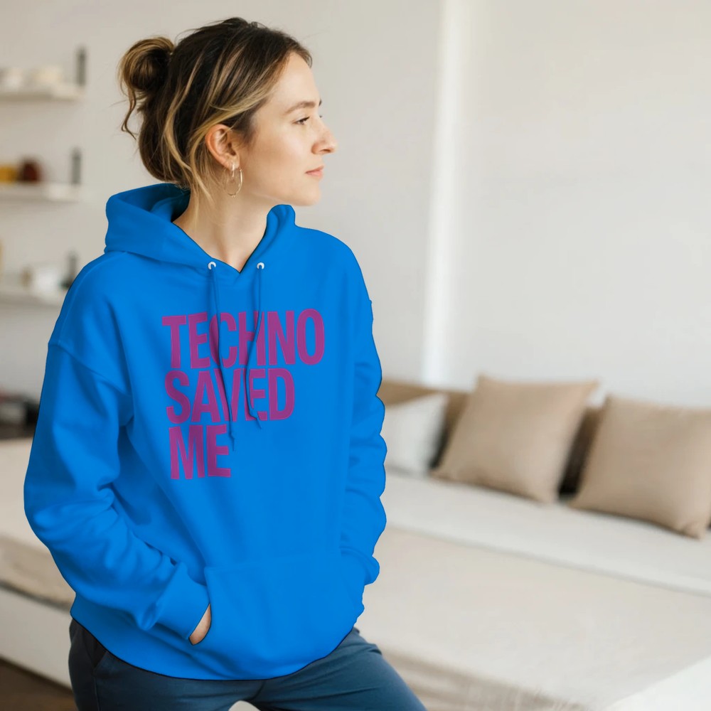 Techno saved me in big bold pink lettering - unisex rave hoodie - blue