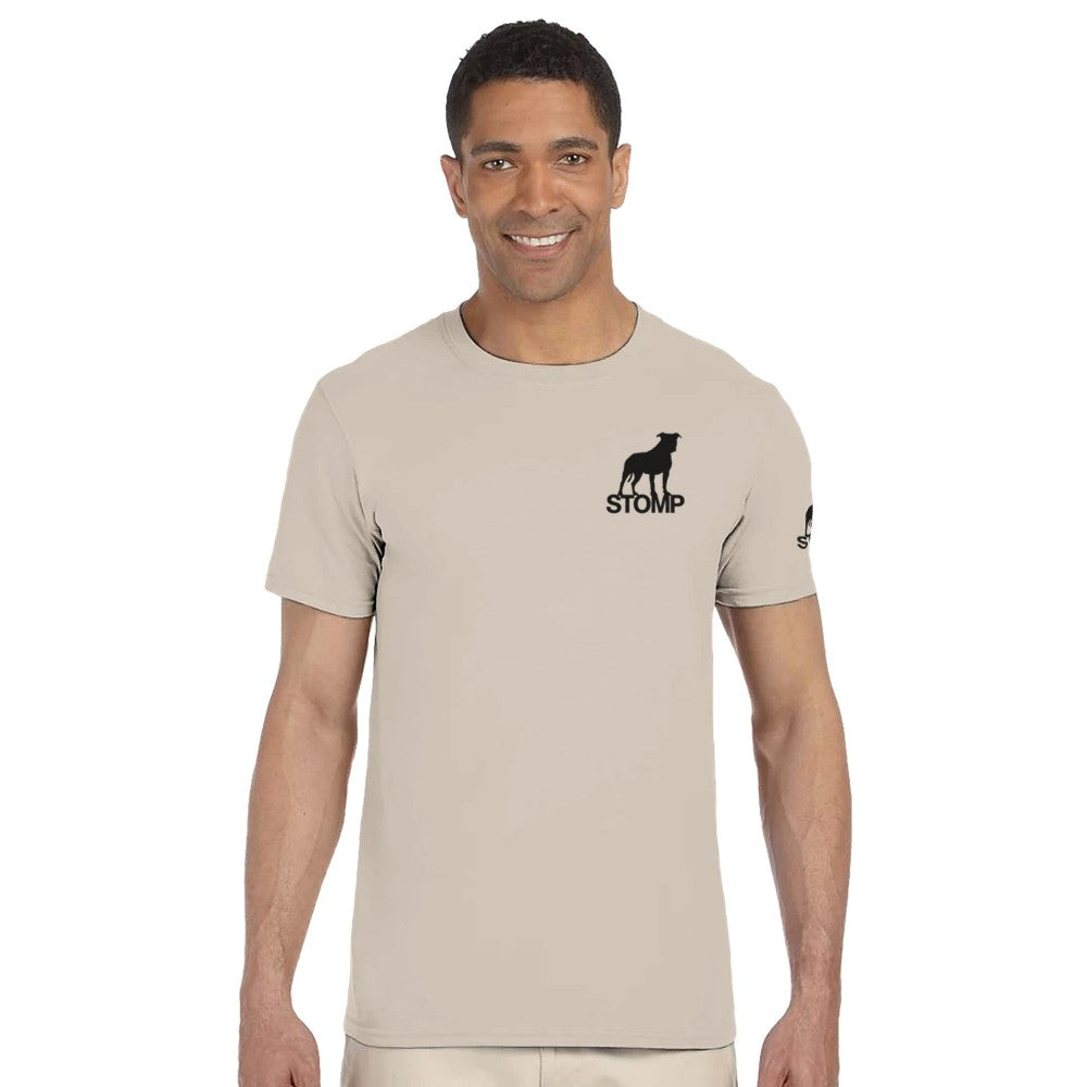 Man wearing a beige t-shirt with a black logo and text on a white background