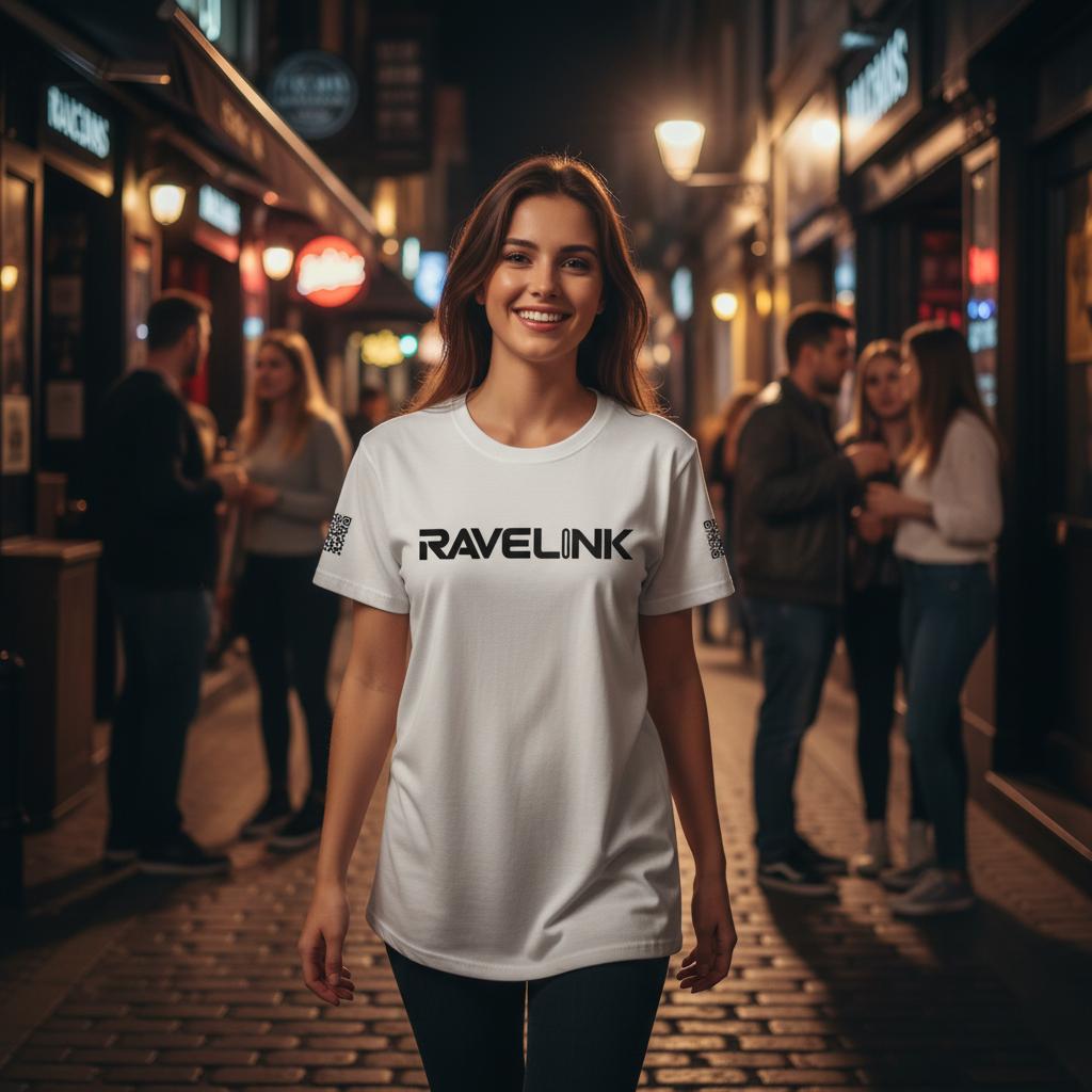 A White T-Shirt with a Black custom Tiktok handle and custom QR codes on the arms - RaveLink - 100% soft cotton - stomp ravewear