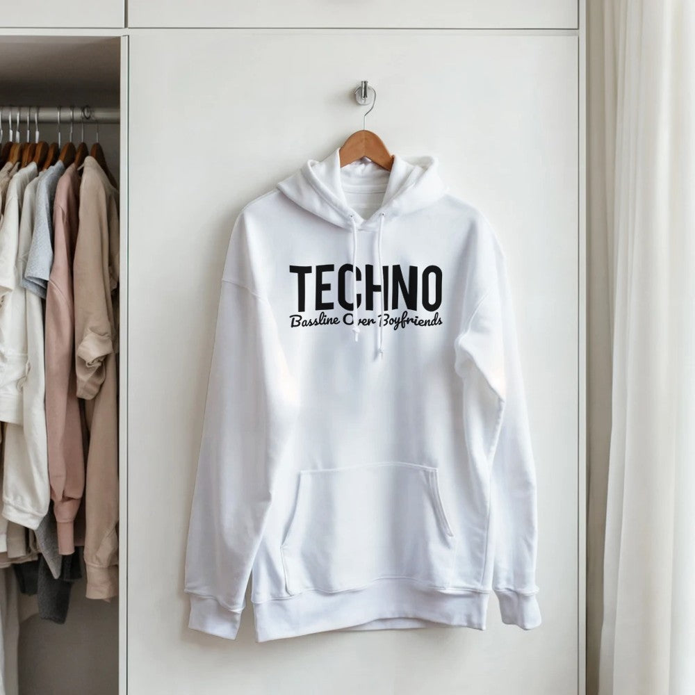 BASSLINE OVER BOYFRIENDS - FEMALE TECHNO RAVE HOODIE - WHITE