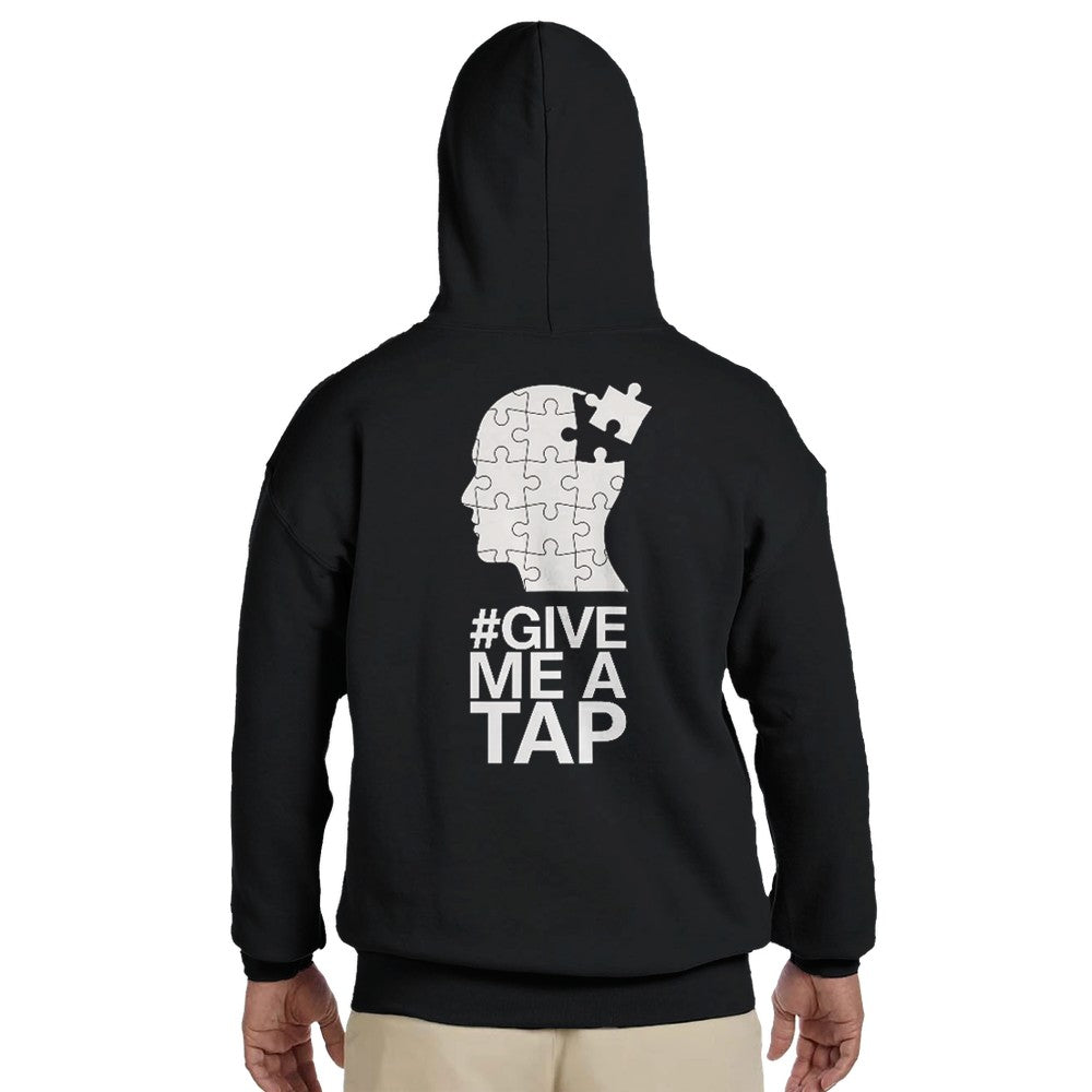 Unisex Black Hoodie for Adults – Music Festival Streetwear Rave Clothing – Techno, EDM, DJ Shirt -  an image og a head made of puzzle pieces and the #give me a tap print
