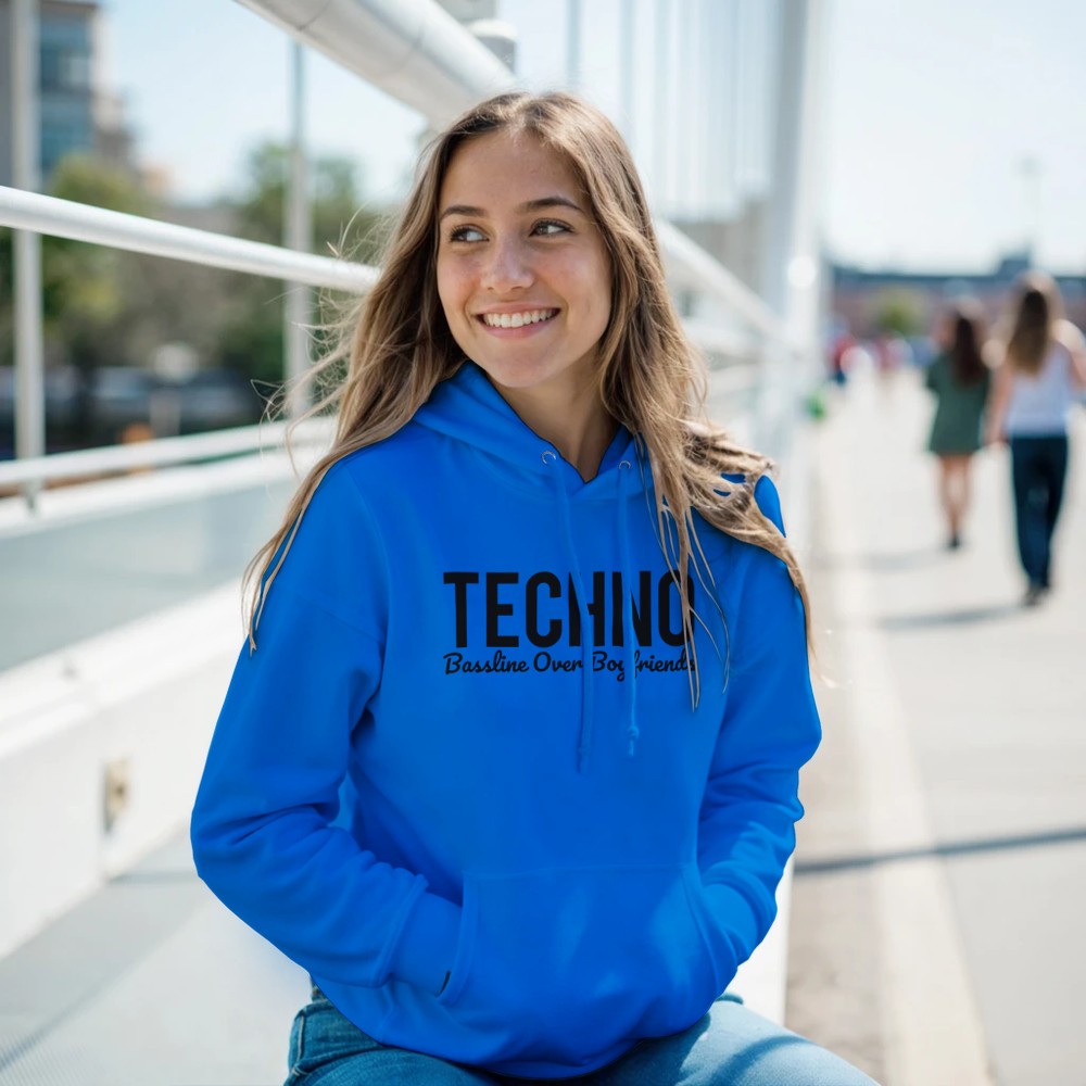 BASSLINE OVER BOYFRIENDS - FEMALE TECHNO RAVE HOODIE - BLUE