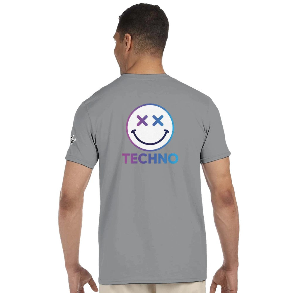 Unisex grey T-shirt for Adults – Music Festival Streetwear Rave Clothing – Techno, EDM, DJ Shirt - a blue techno smiley print