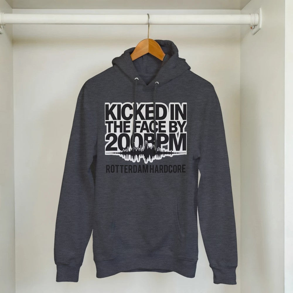 Kicked In The Face with 200bpm unisex hoodie - printed on the front - grey