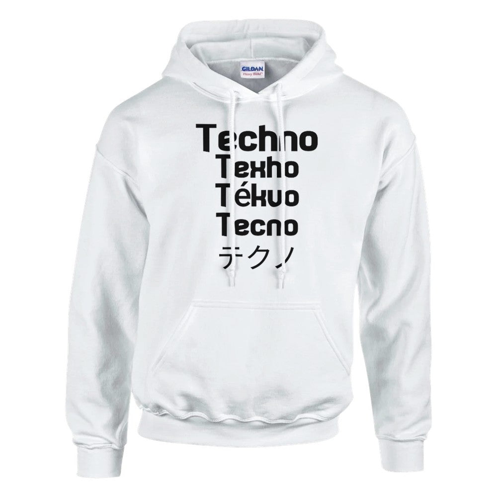 techno in different languages in a big bold black lettering - unisex rave hoodie - stomp - white