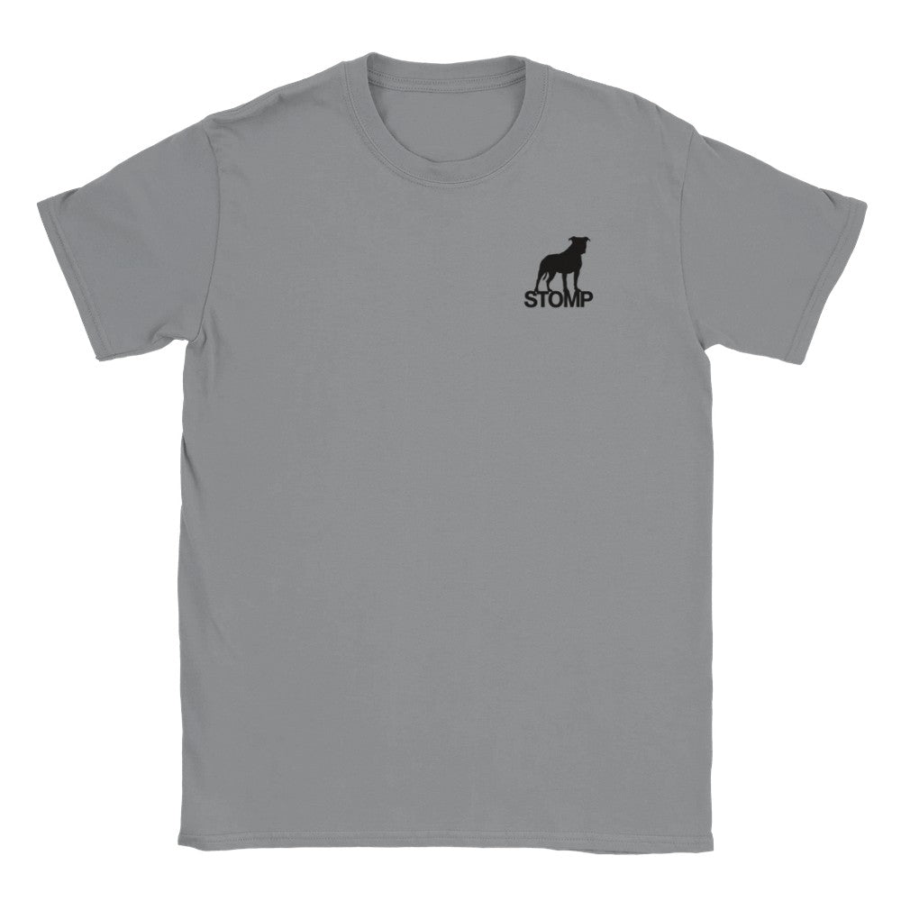 Gray t-shirt with a black logo on a white background