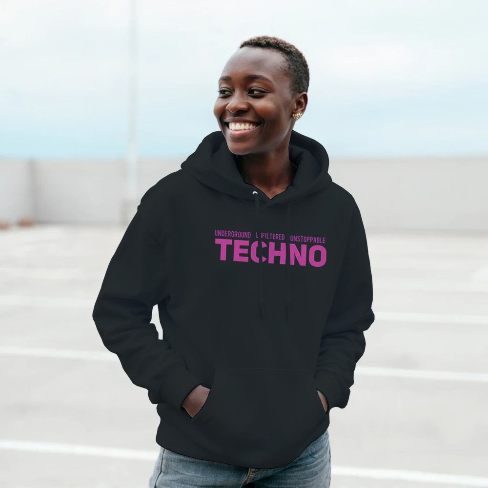 underground unfiltered unstoppable in big bold pink font - unisex techno rave stomp hoodie - black