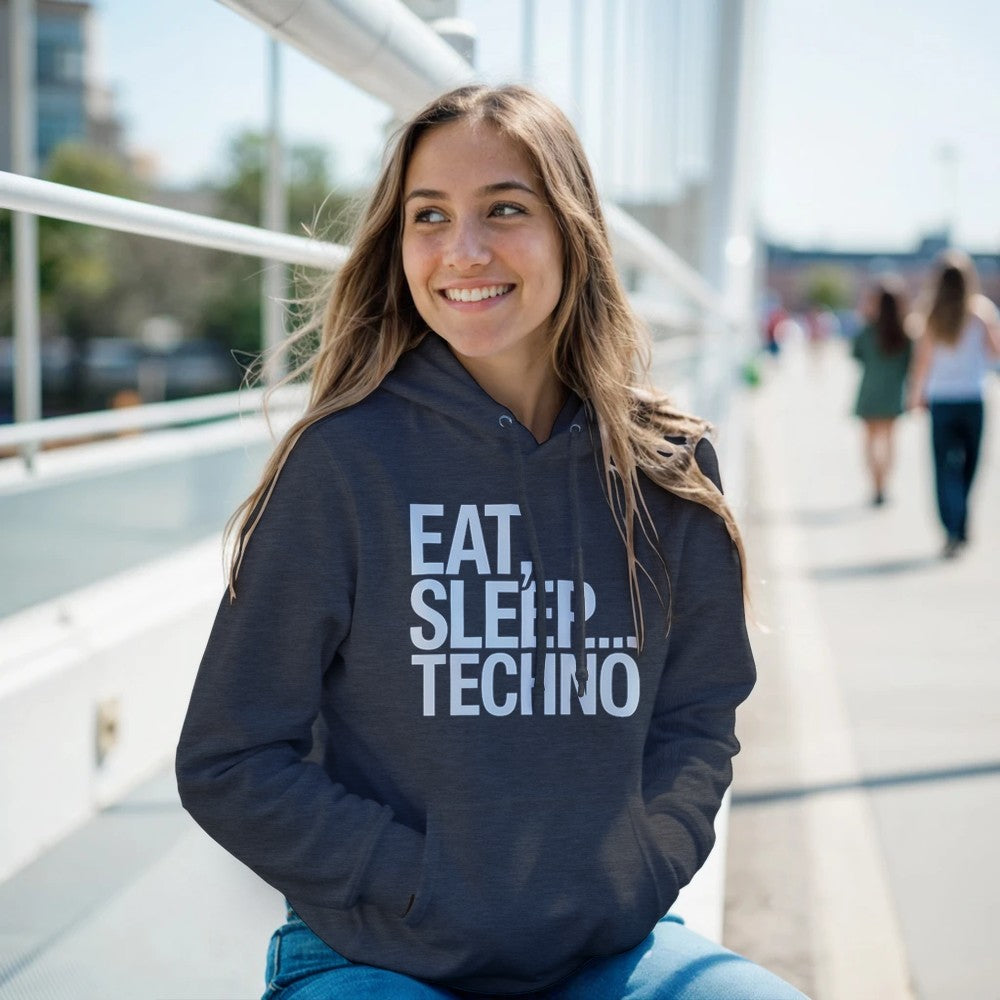 Unisex Grey Hoodie for Adults – Music Festival Streetwear Rave Clothing – Techno, EDM, DJ Shirt - Eat Sleep Techno print