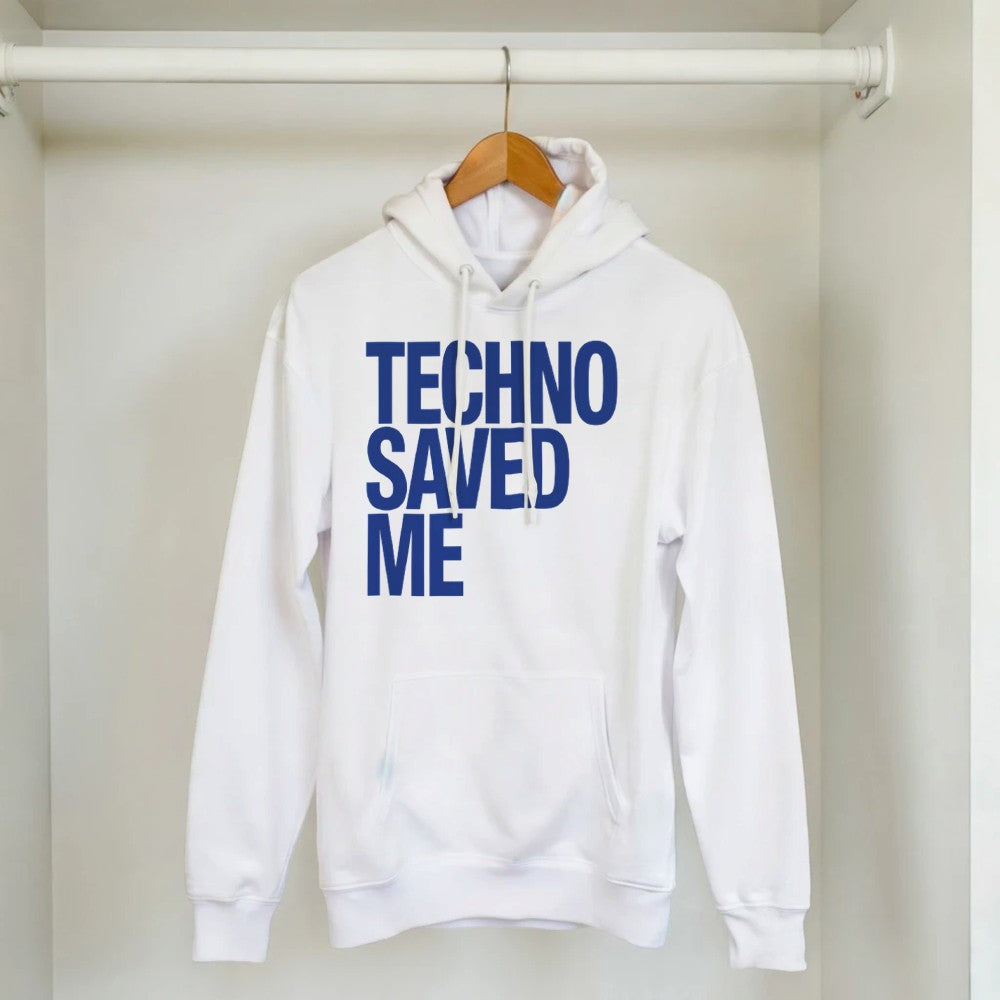 Techno Saved Me in big Blue bold font - unisex rave hoodie - white