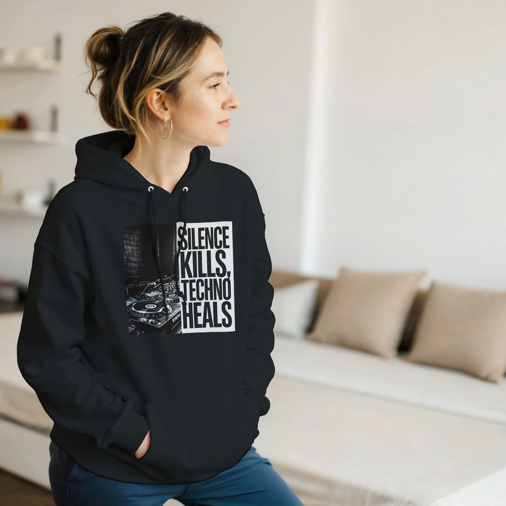 Silence Kills Techno Heals unisex rave hoodie black front view