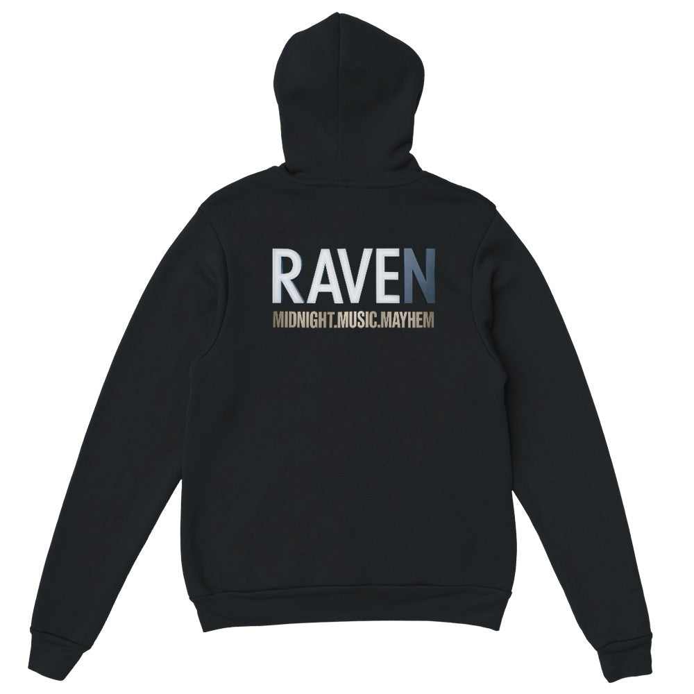 Unisex Black hoodie for Adults – Music Festival Streetwear Rave Clothing – Techno, EDM, DJ Shirt - Raven midnight music mayhem print on the back. Stomp brand