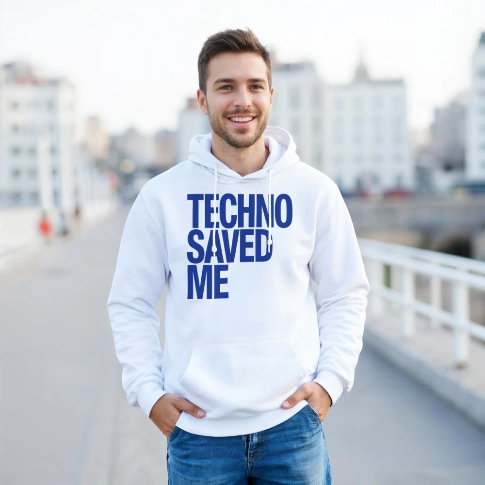 Techno Saved Me in big Blue bold font - unisex rave hoodie - white