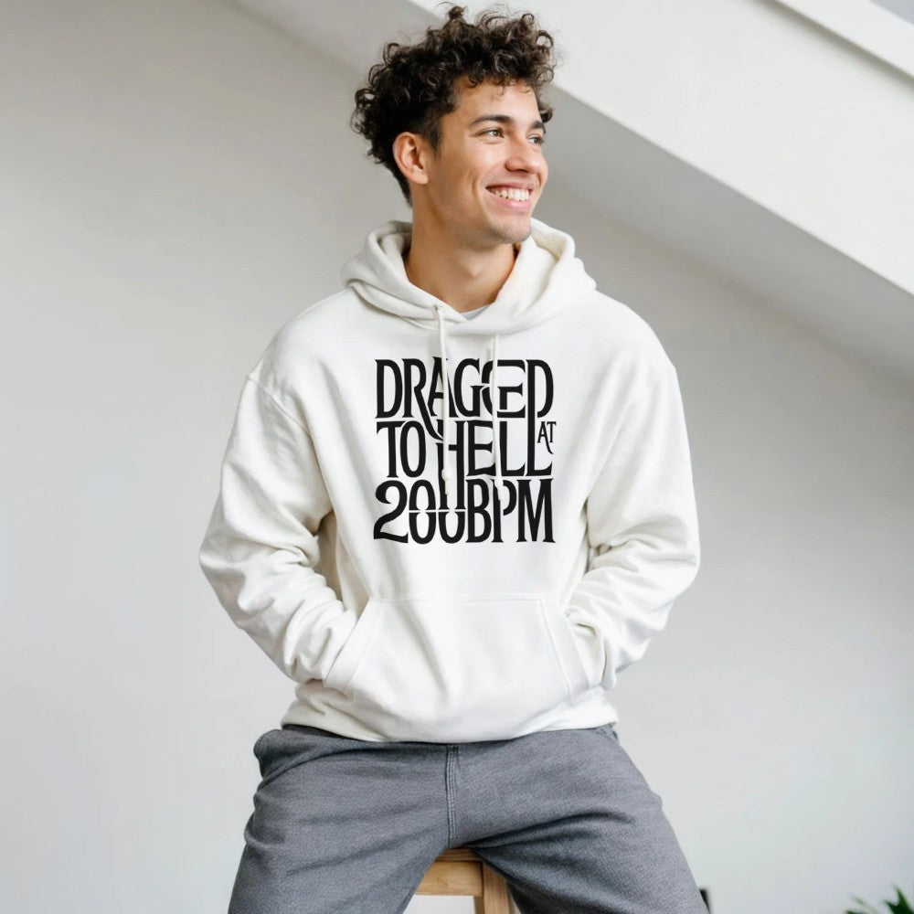 dragged to hell at 200bpm - Unisex rave hardcore hoodie - white