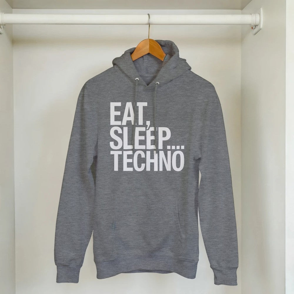 Unisex Grey Hoodie for Adults – Music Festival Streetwear Rave Clothing – Techno, EDM, DJ Shirt - Eat Sleep Techno print