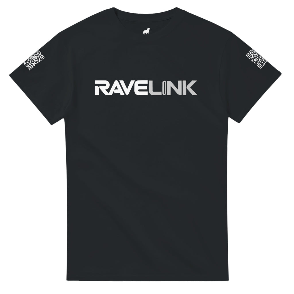 a black Rave t-shirt with a white custom Tiktok handle and custom QR codes on the arms of the shirt - RaveLink