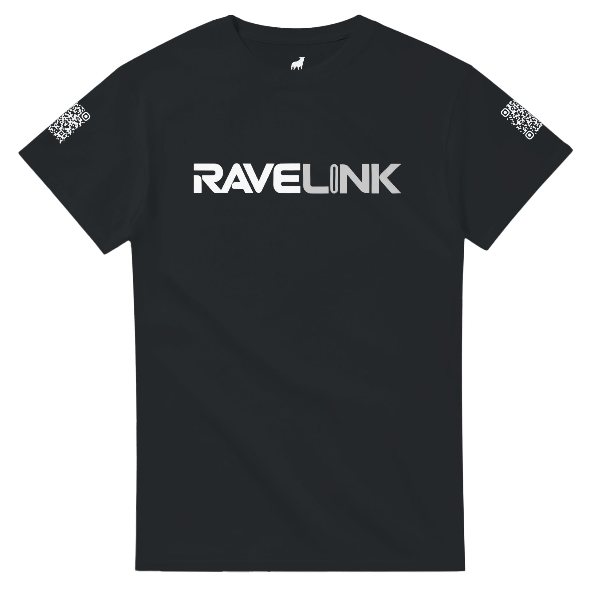 a black Rave t-shirt with a white custom Tiktok handle and custom QR codes on the arms of the shirt - RaveLink