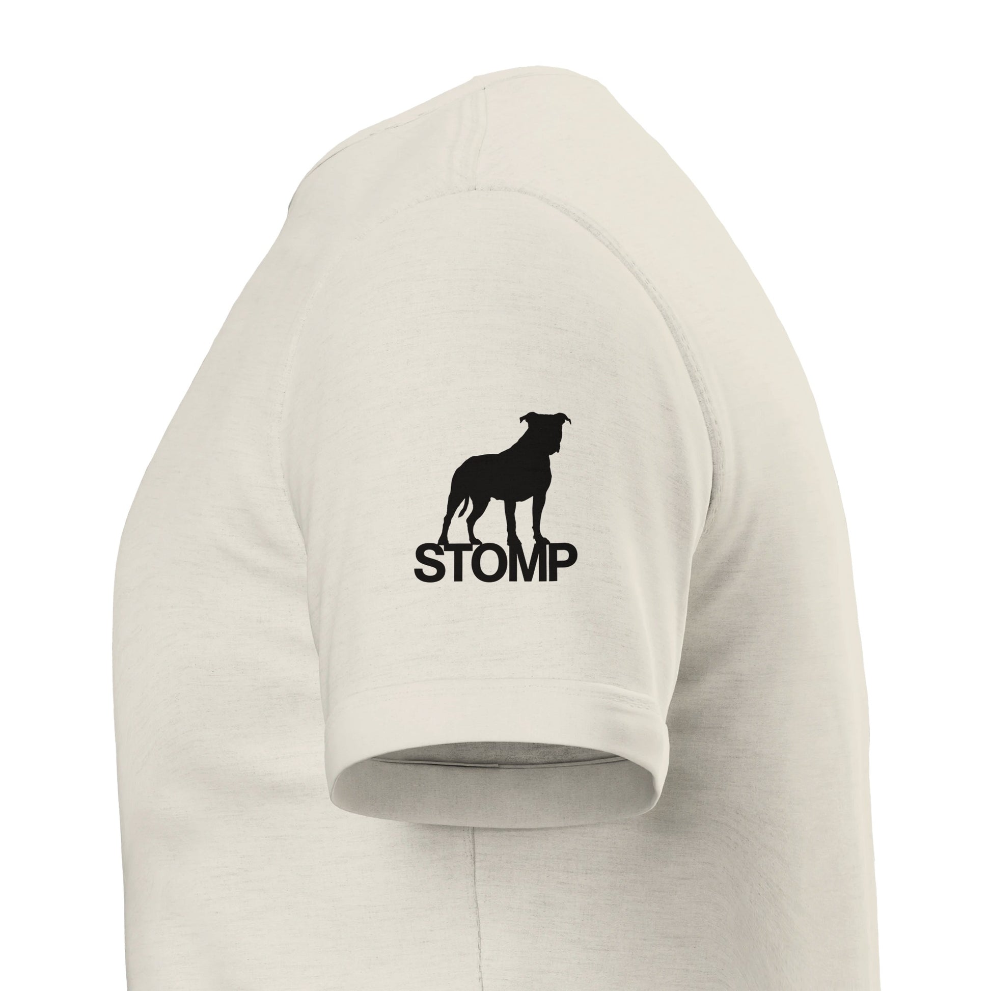 Beige hoodie with black 'STOMP' logo on a white background