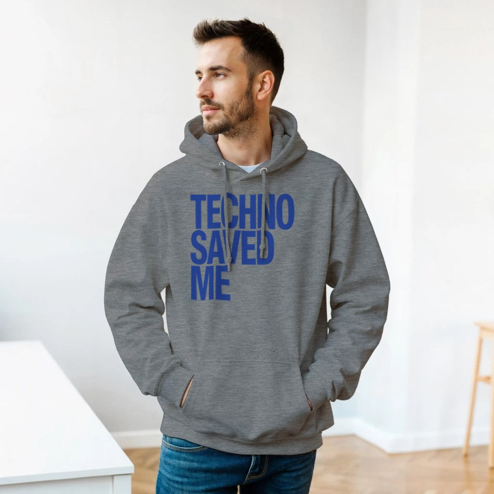 Techno Saved Me in big Blue bold font - unisex rave hoodie - grey