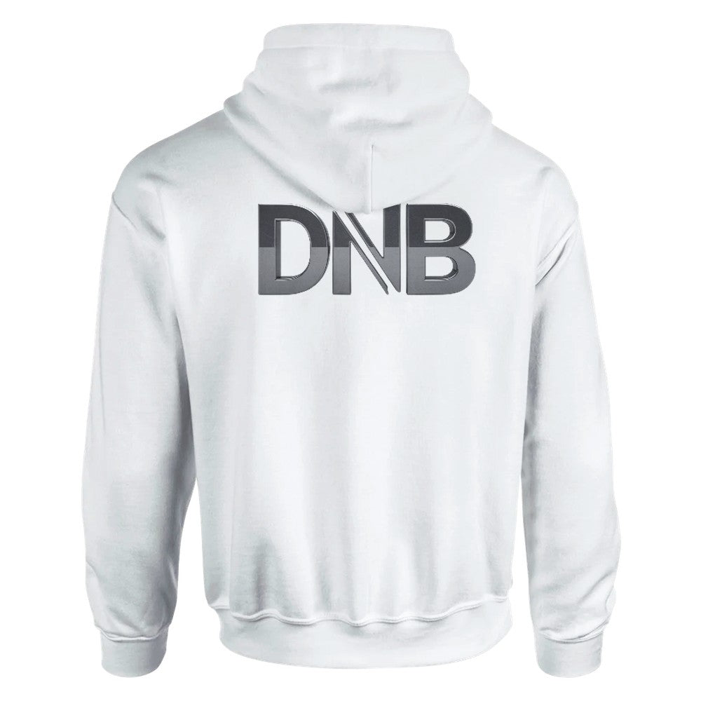 Unisex White Hoodie for Adults – Music Festival Streetwear Rave Clothing – Techno, EDM, DJ Shirt - a DnB that stands for drum and bass print