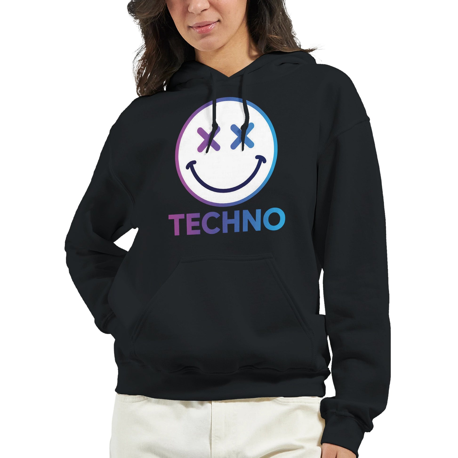Techno smiley unisex hoodie cross eyes pink front view