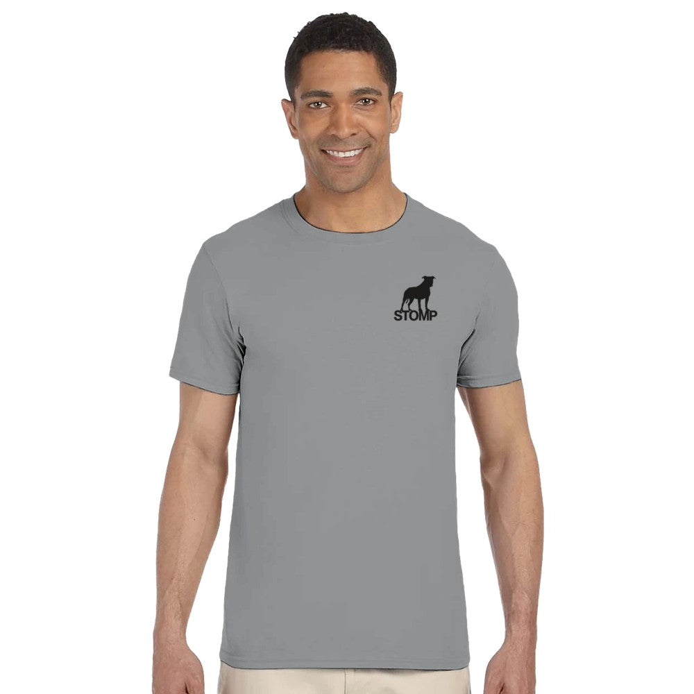 Man wearing a gray t-shirt with a logo and text on a white background