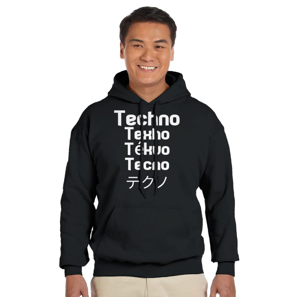 techno in different languages in a big bold white lettering - unisex rave hoodie - stomp - black