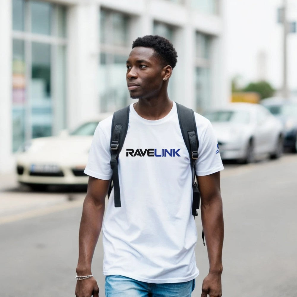 stomp ravewear - RaveLink Custom QR Code - Unisex t-shirt - white with blue QR code on the back