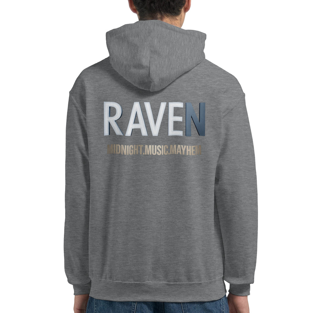 Unisex Grey Hoodie for Adults – Music Festival Streetwear Rave Clothing – Techno, EDM, DJ Shirt - Raven Midnight Music Masness print
