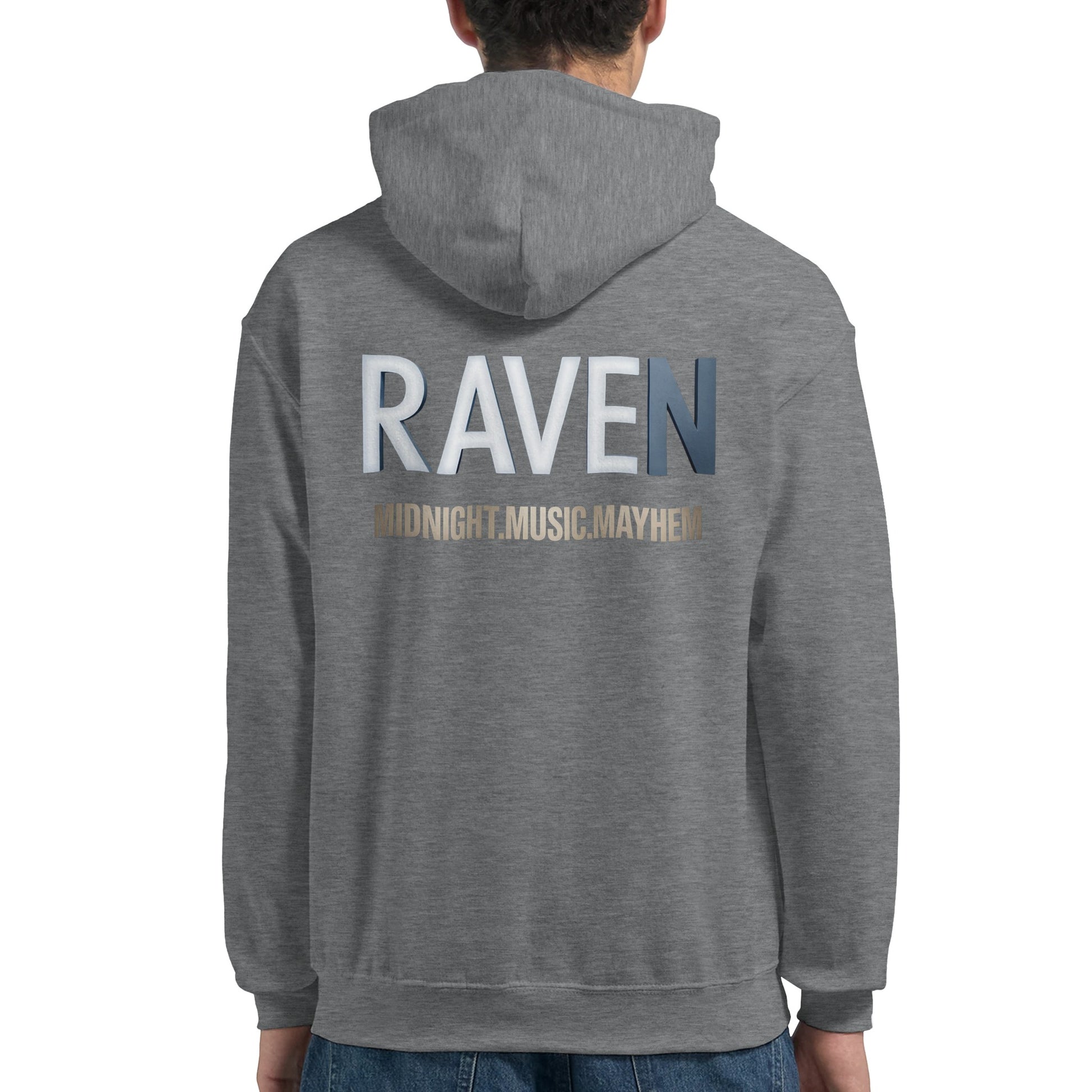 Unisex Grey Hoodie for Adults – Music Festival Streetwear Rave Clothing – Techno, EDM, DJ Shirt - Raven Midnight Music Masness print
