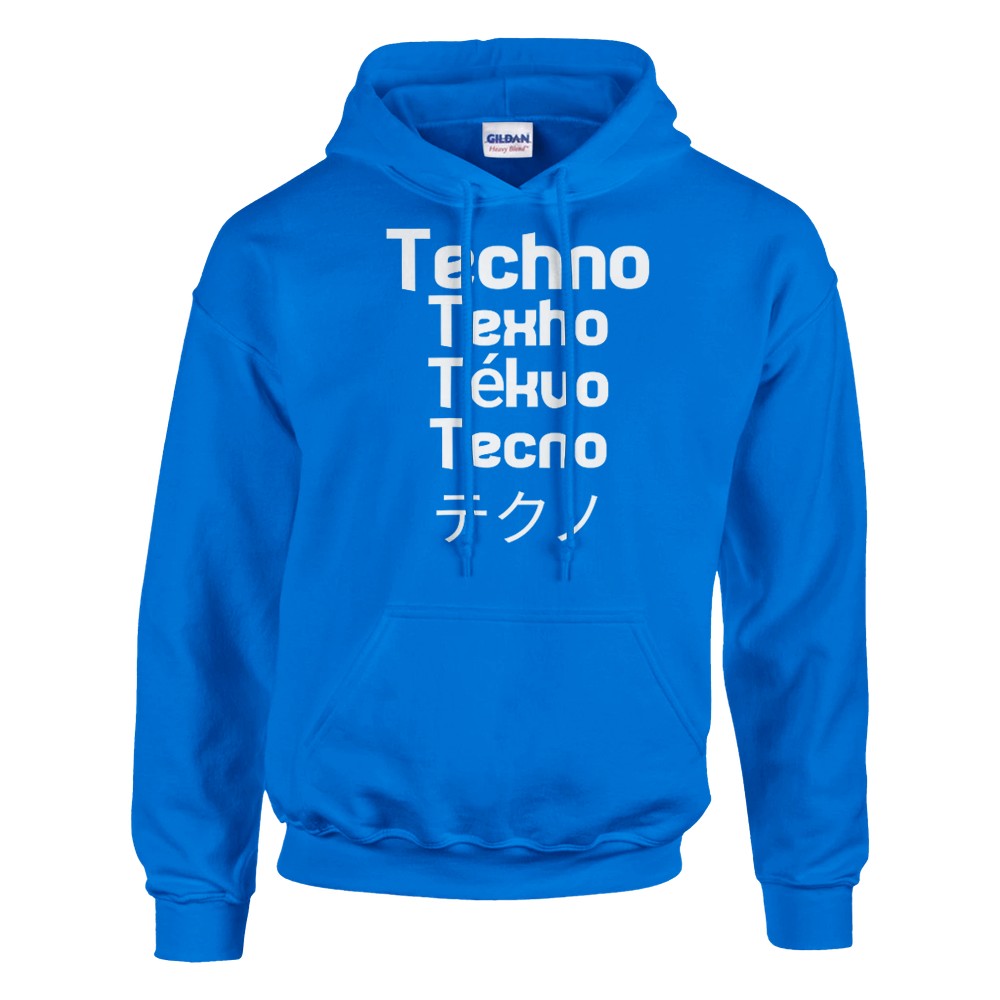 techno in different languages in a big bold white lettering - unisex rave hoodie - stomp - blue