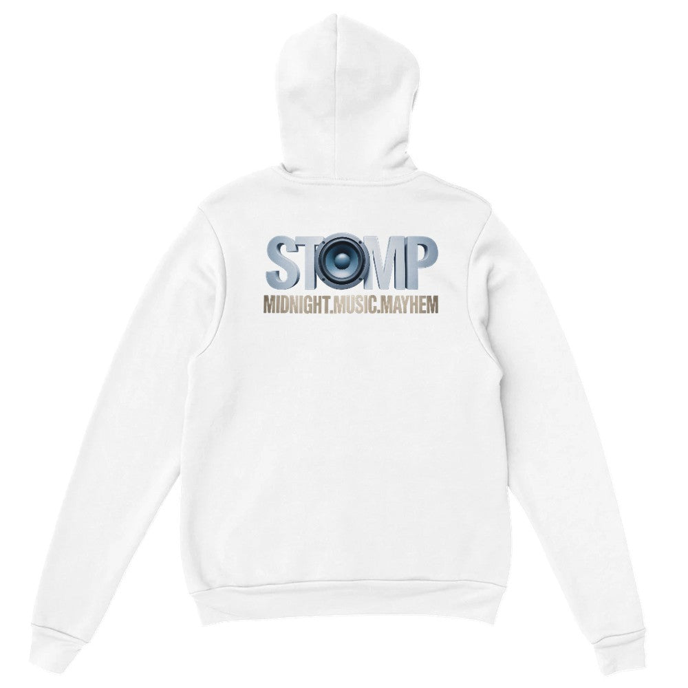 Unisex  White hoodie for Adults – Music Festival Streetwear Rave Clothing – Techno, EDM, DJ Shirt - stomp midnight music mayhem print on the back