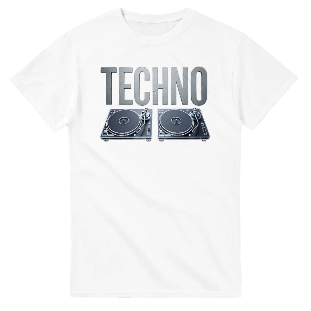 White t-shirt with 'TECHNO' and DJ turntable graphics on a white background