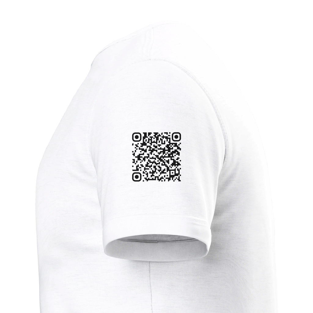 A White T-Shirt with a Black custom Tiktok handle and custom QR codes on the arms - RaveLink - 100% soft cotton - stomp ravewear