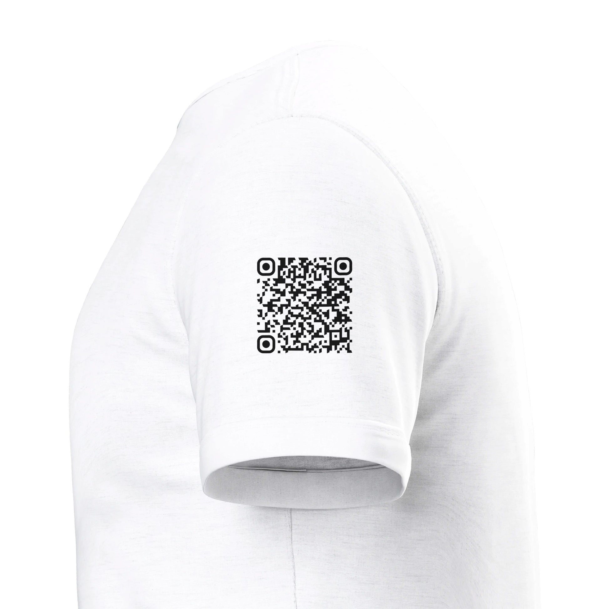 A White T-Shirt with a Black custom Tiktok handle and custom QR codes on the arms - RaveLink - 100% soft cotton - stomp ravewear