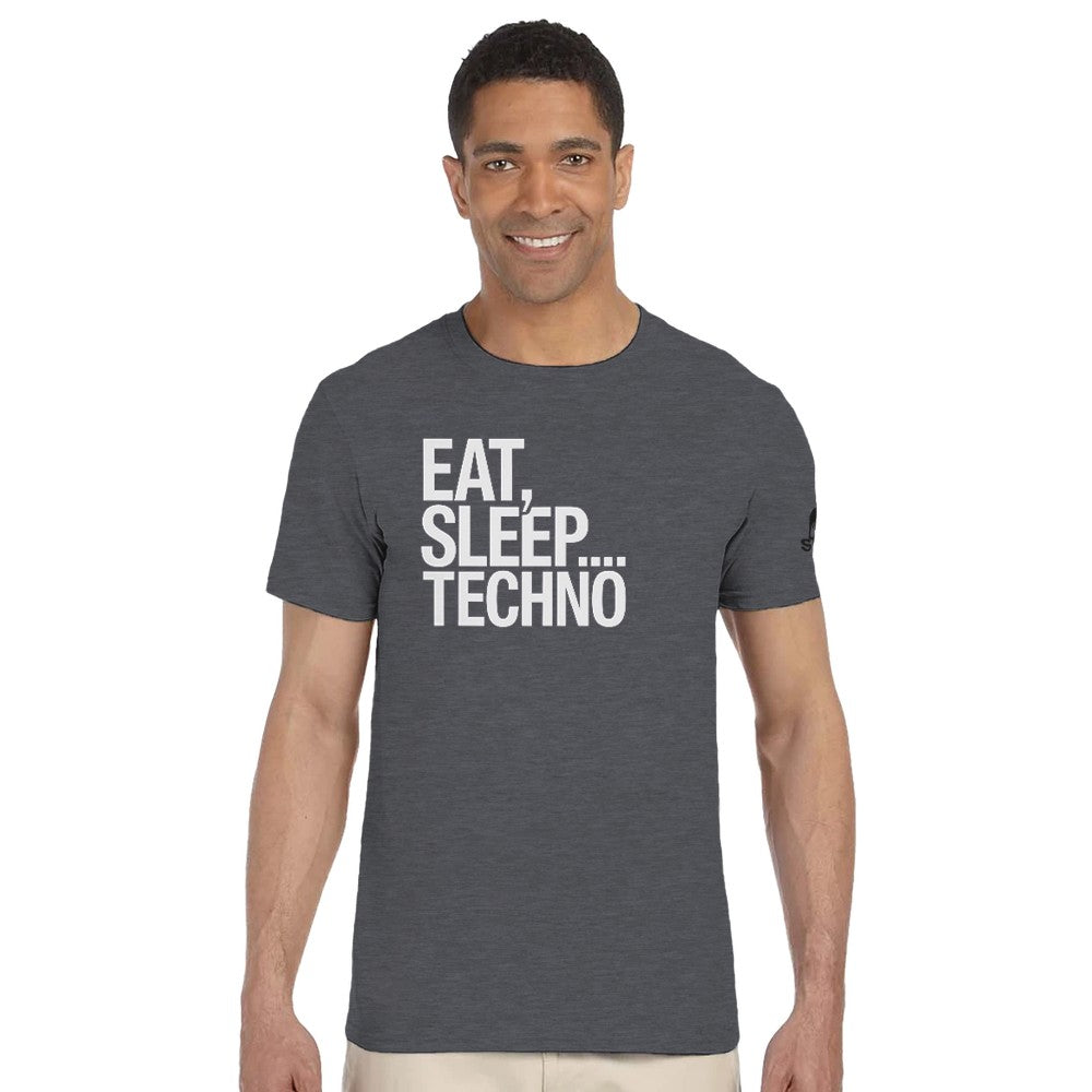 Unisex Grey T-shirt for Adults – Music Festival Streetwear Rave Clothing – Techno, EDM, DJ Shirt - Eat Sleep Techno print