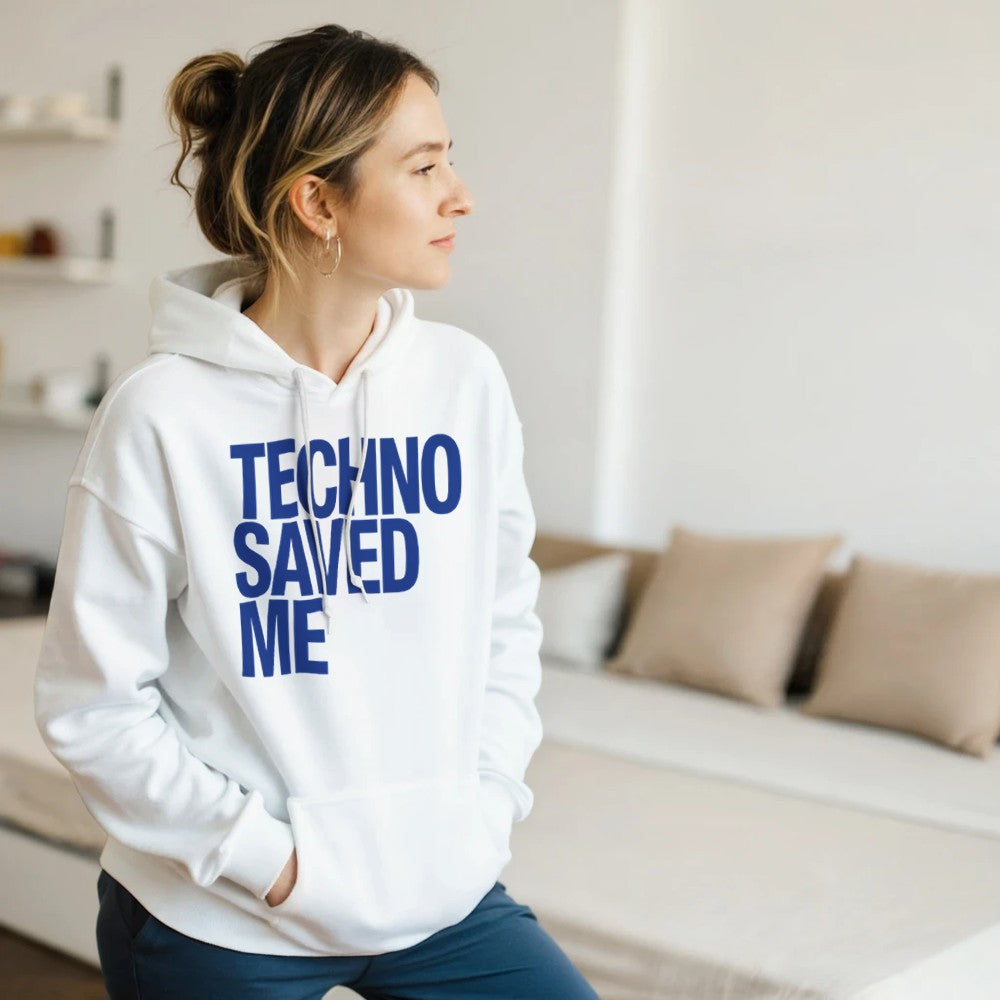 Techno Saved Me in big Blue bold font - unisex rave hoodie - white