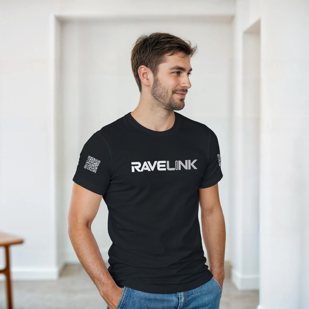 a black Rave t-shirt with a white custom Tiktok handle and custom QR codes on the arms of the shirt - RaveLink
