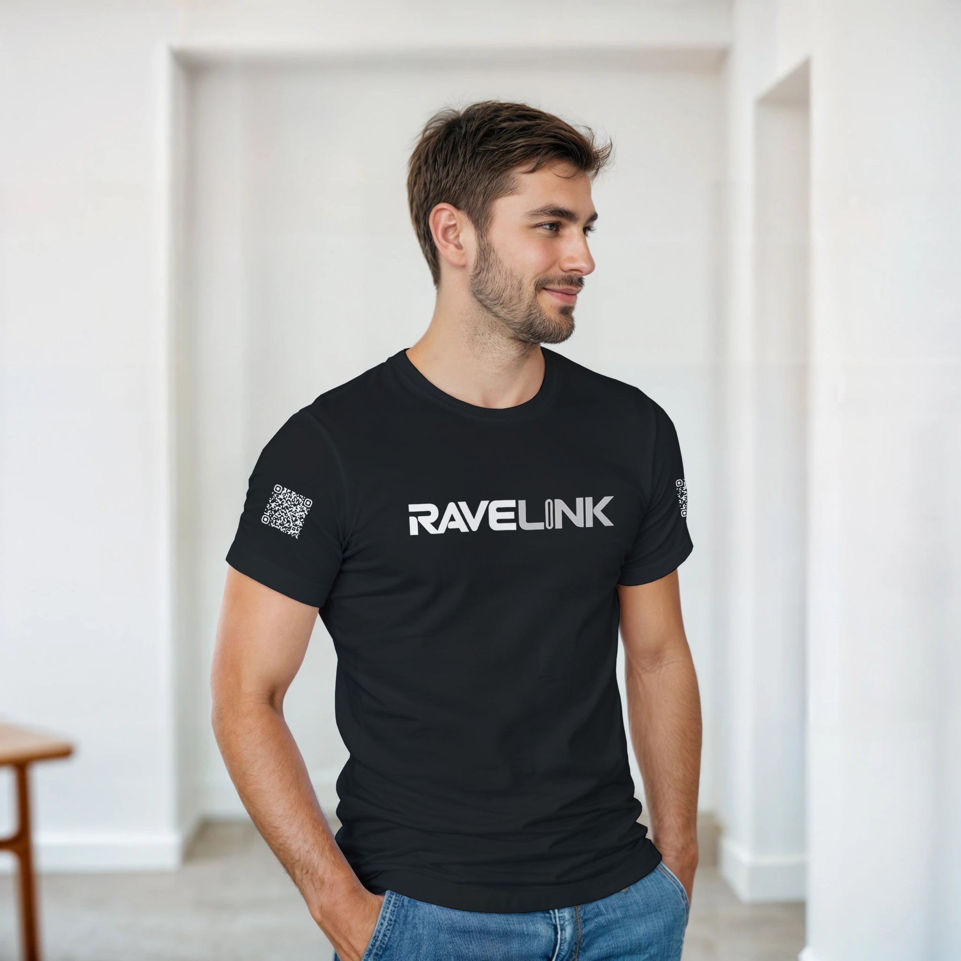 a black Rave t-shirt with a white custom Tiktok handle and custom QR codes on the arms of the shirt - RaveLink