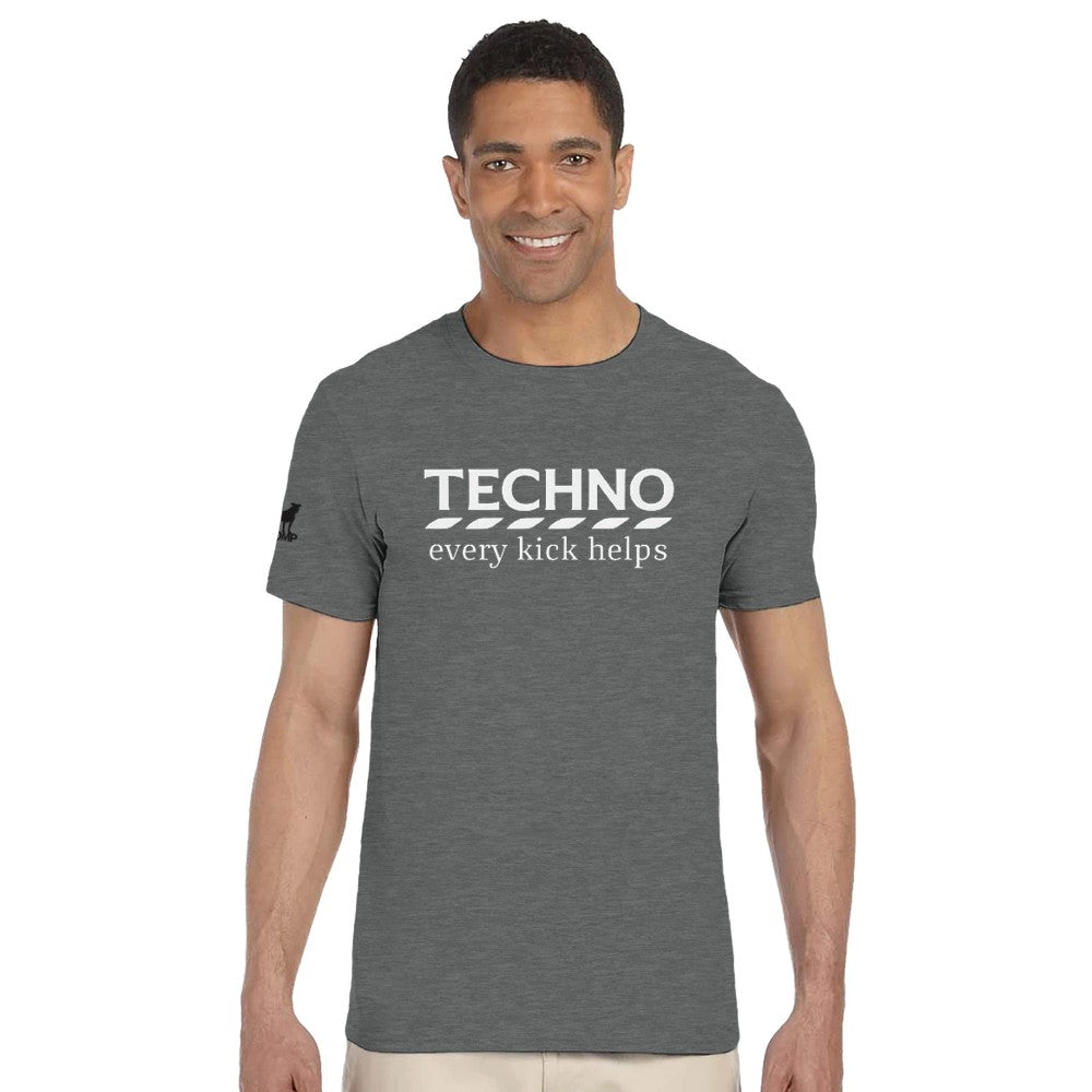 Unisex Charcoal T-shirt for Adults – Music Festival Streetwear Rave Clothing – Techno, EDM, DJ Shirt - The word techno every kick helps in the style of Tesco