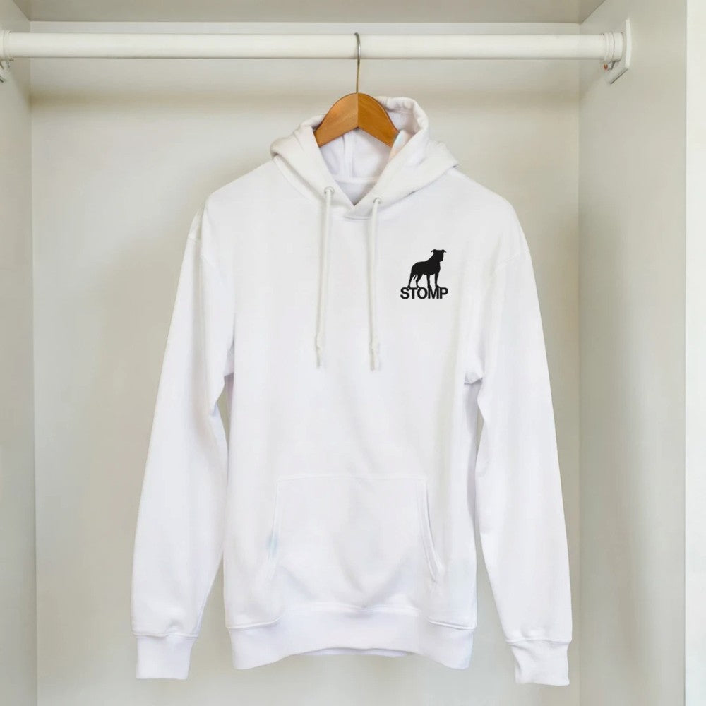White hoodie with 'STOMP' logo on a hanger against a neutral background