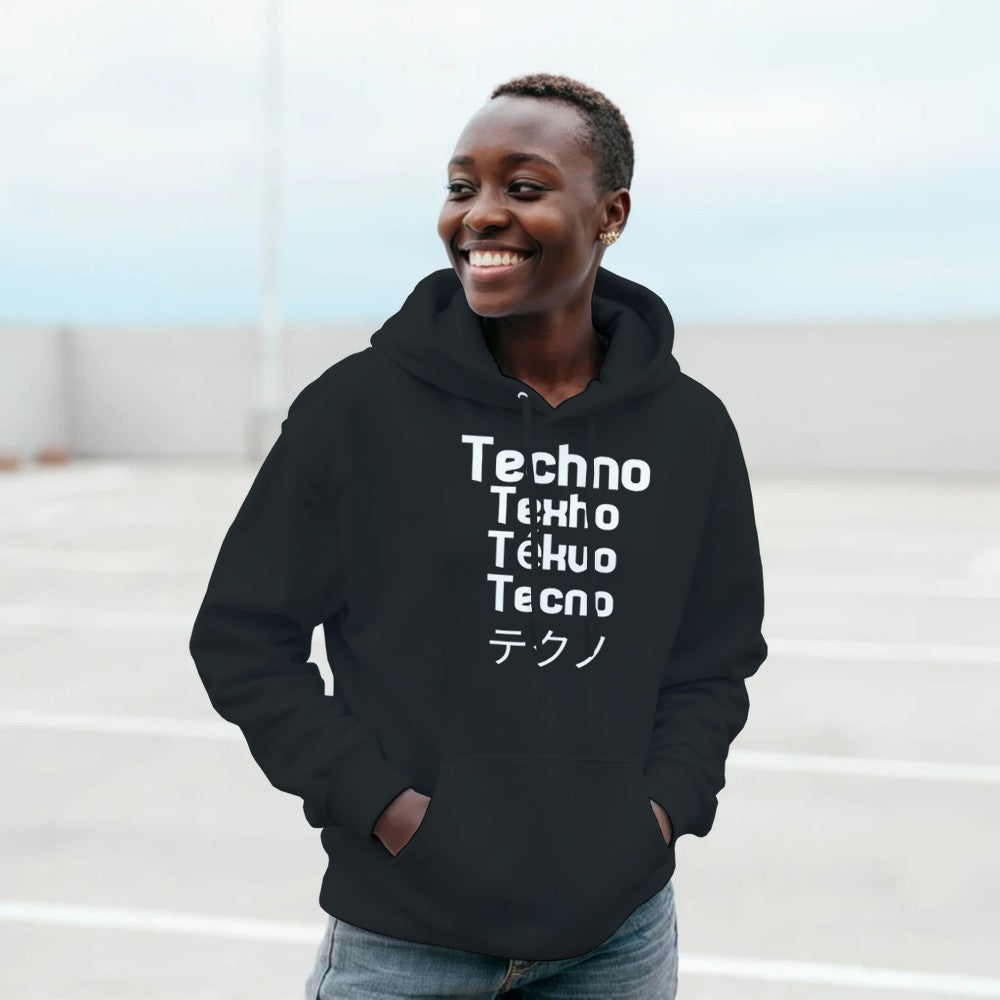 techno in different languages in a big bold white lettering - unisex rave hoodie - stomp - black