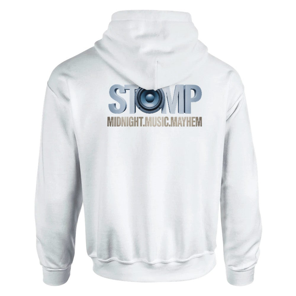Unisex  White hoodie for Adults – Music Festival Streetwear Rave Clothing – Techno, EDM, DJ Shirt - stomp midnight music mayhem print on the back