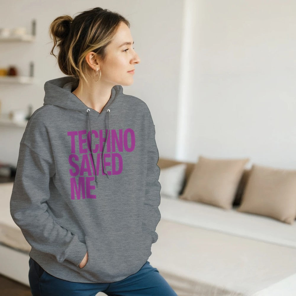 Techno saved me in big bold pink lettering - unisex rave hoodie - grey